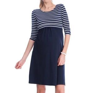 Seraphine Women's Navy Stripe 3/4 Sleeve Nautical Simone Dress Maternity  Sz 14